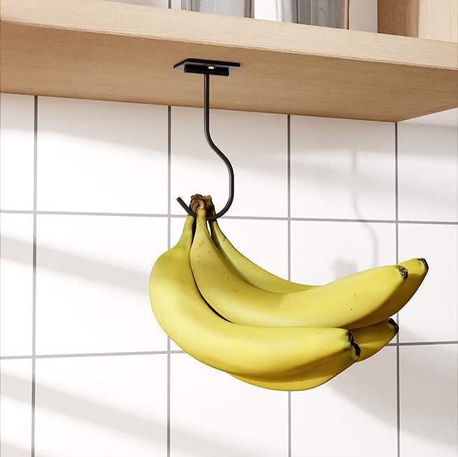 Under Cabinet Banana Hook Foldable - Adhesive Bananas Hanger, Heavy Duty Stainless Banana Holder (13lb), Magnetic Fold-Up When Not in Use, Premium Material, Black