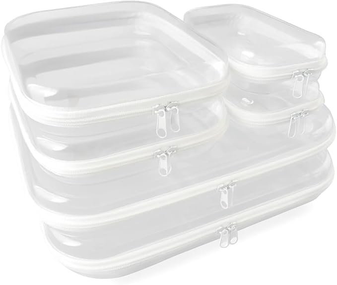 6Pcs/2L+2M+2S Clear Hard Shell Zippered Travel Case – Plastic Organizer Pouch for Toiletries, Cosmetic Bag, Diaper Bag & Packing Accessories (White, Set D)