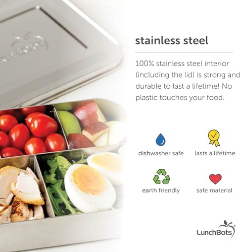 LunchBots Medium Trio II Snack Container - Divided Stainless Steel Food Container - Three Sections for Snacks On the Go - Eco-Friendly, Dishwasher Safe, BPA-Free - Stainless Lid - Blue Dots