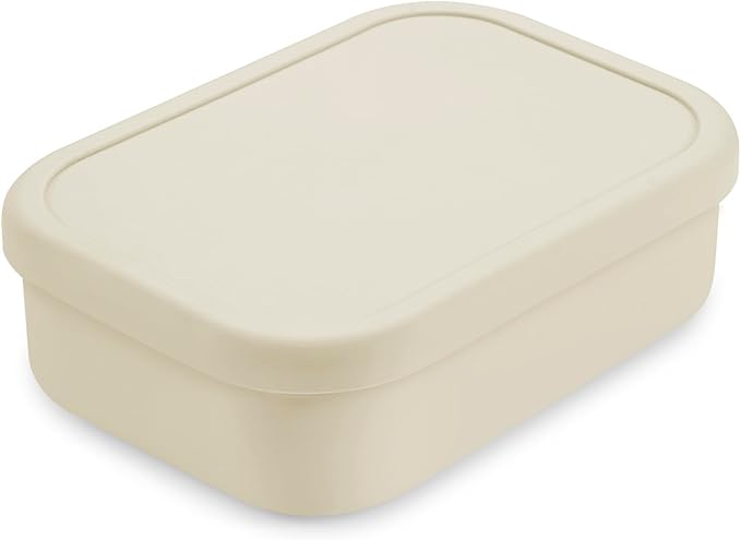 PandaEar 2 Pack Silicone Bento Lunch Box for Toddlers Kids, 3-Compartment Lunch Containers, Leak-Proof & BPA-Free, Microwave & Dishwasher Safe (Blue & Beige)