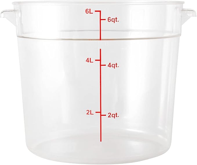 Restaurantware 6 Quart Plastic Food Storage Container - Durable Clear Polycarbonate Storage Bin - Round Food Prep Storage with Red Graduations - Dishwasher Safe Commercial Kitchen Use