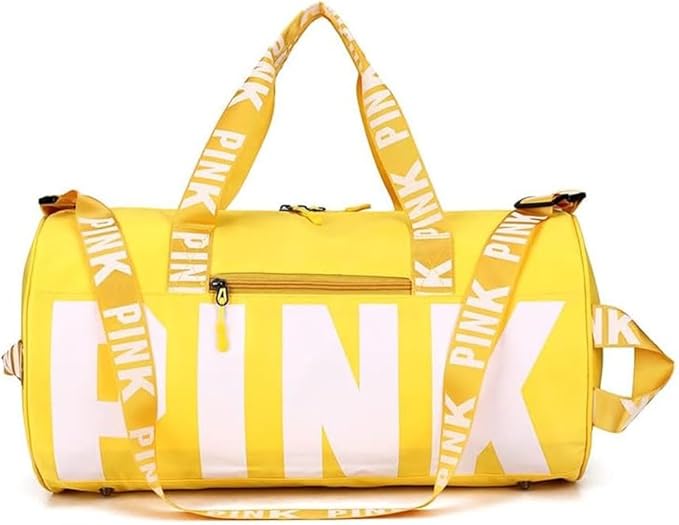 Sports Gym Bag Large Capacity Travel Duffel Bag Sport Shoes Bag with Wet Pocket Compartment for Men and Women Lightweight Multiple Colors PINK Logo (YELLOW)