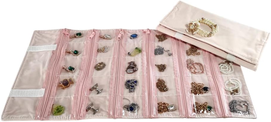 Travel Jewelry Roll Bag Portable Organizer Pouch With Grids&PVC Cover Storage Bags for Necklace, Bracelet, Bracelet,Ring, Badge, Pendant