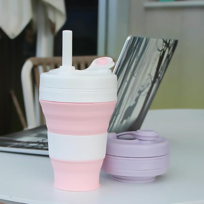 Silicone Coffee Cup with Straw lid Collapsible Cups for Traveling 20oz Lightweight Folding Water Mug for Picnic Hicking Camping Climbing