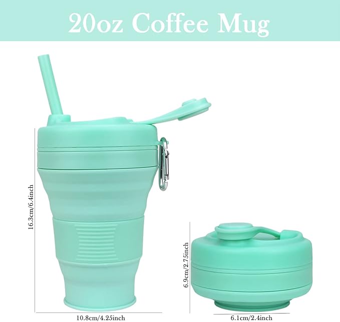Silicone Coffee Cup with Straw lid Collapsible Cups for Traveling 20oz Lightweight Folding Water Mug for Picnic Hicking Camping Climbing