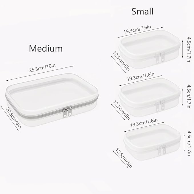 4Pcs/3S+1M Clear Hard Shell Zippered Travel Case – Plastic Organizer Pouch for Toiletries, Cosmetic Bag, Diaper Bag & Packing Accessories (Purple, Set B)