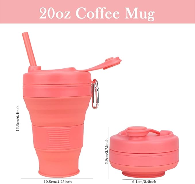 Silicone Coffee Cup with Straw lid Collapsible Cups for Traveling 20oz Lightweight Folding Water Mug for Picnic Hicking Camping Climbing