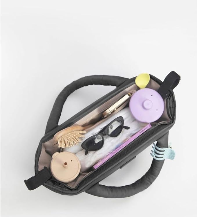 7 A.M. Universal Stroller Organizer Bag - Easy Grab Top Handles, Stroller Caddy with Cup Holder, 3 Open Compartments, Adjustable Stroller Straps & Zippered Wallet Pocket (Oat)