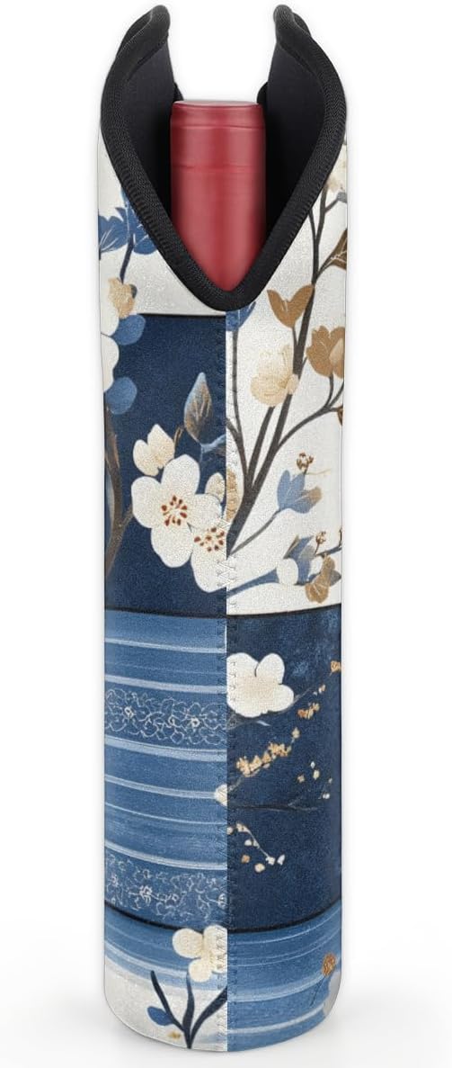 Neoprene Wine Tote, Bottle Carrier Gag Insulating Neoprene Thicker, Insulated Wine Bag for Travel Holds Two Bottles, Bottle Carrier Bags Protect the Bottles, Blue Flowers