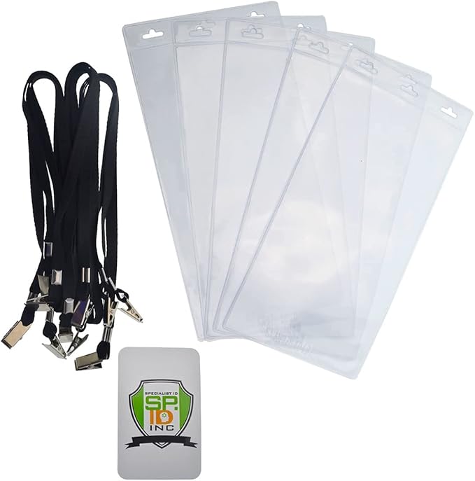 Bulk 25 Pack - 4 x 8 Inch Extra Large Ticket & Event Credential Badge Holders with Double Sided Lanyards with Two Bulldog Clips, by Specialist ID (Black)