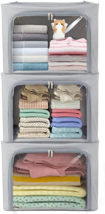 Stackable Clothes Storage Box for Clothing Gadgets,Steel Frame Storage Bins for Toys Gift,Foldable Oxford Fabric Closet Organizer Bag Set with Carry Handles Clear Window (Small- 22L x3 Pack, Grey)
