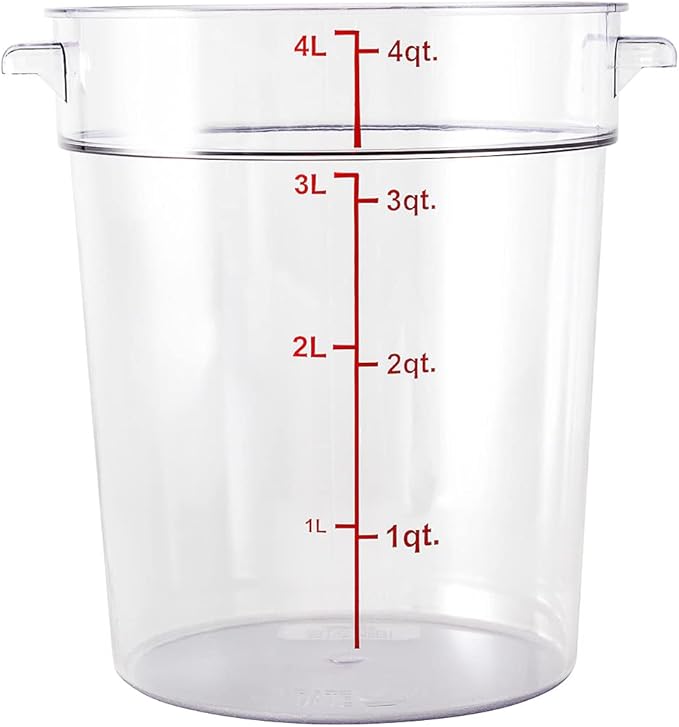 Restaurantware Met Lux 4 Quart Food Storage Containers 10 Round Commercial Storage Containers - Lids Sold Separately With Volume Markers Clear Plastic Food Prep Buckets Space-Saving Storage