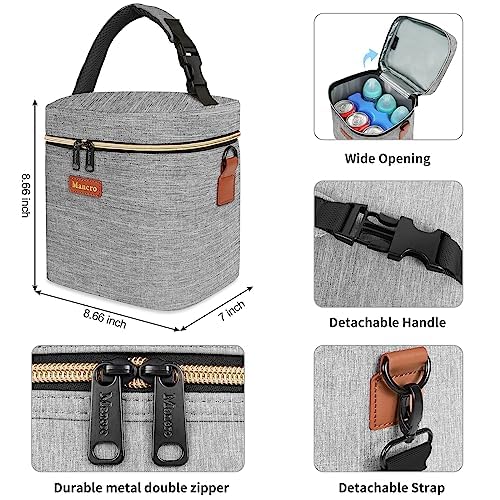 Mancro Baby Bottle Bag with Insulated Cooler, Fits 6 Baby Bottles Up to 9 Ounce with Ice Pack, Breastmilk Cooler Bag with Adjustable Shoulder Strap for Easy Carrying, Grey