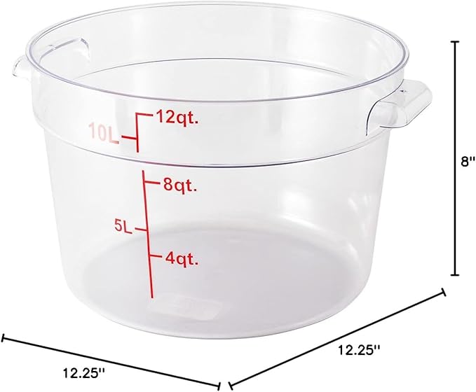 Restaurantware Met Lux 12 Quart Food Storage Container, 1 Round Commercial Storage Container - Lid Sold Separately, With Volume Markers, Clear Plastic Food Prep Bucket, Space-Saving Storage