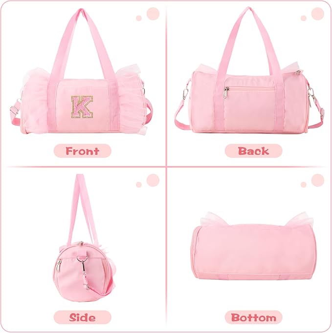 Personalized Initial Dance Bag for Girls 4-6, Small Lace Gym Sport Yoga Cheer Dance Bags Gift for Teen Girls, Cute Letter Kids Ballet Bag Toddler Travel Duffel Tote with Adjustable Straps(Pink-K)