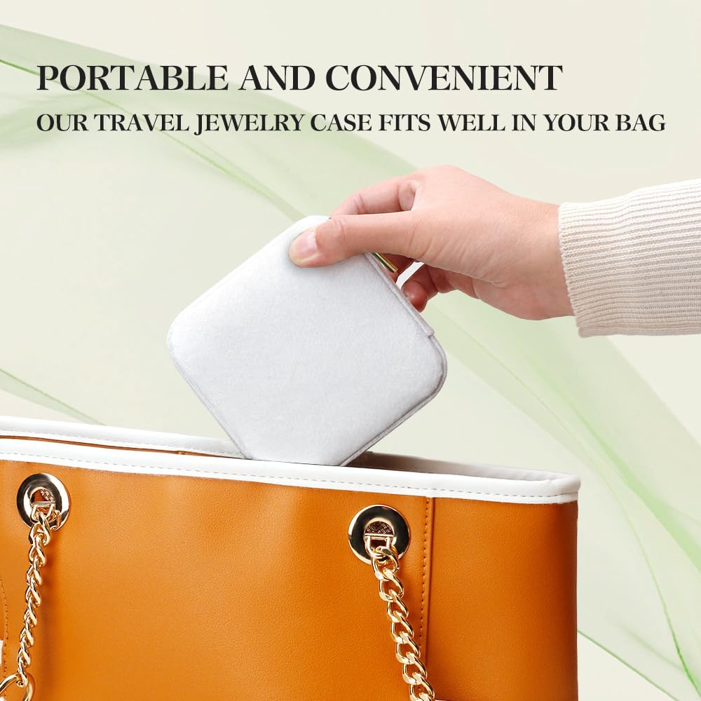 TAIMY Travel Jewelry Case,Small Plush Velvet Travel Jewelry organizer,Portable Mini Travel Jewelry Boxes for Rings Earrings Necklaces Bracelets(White,with Mirror)