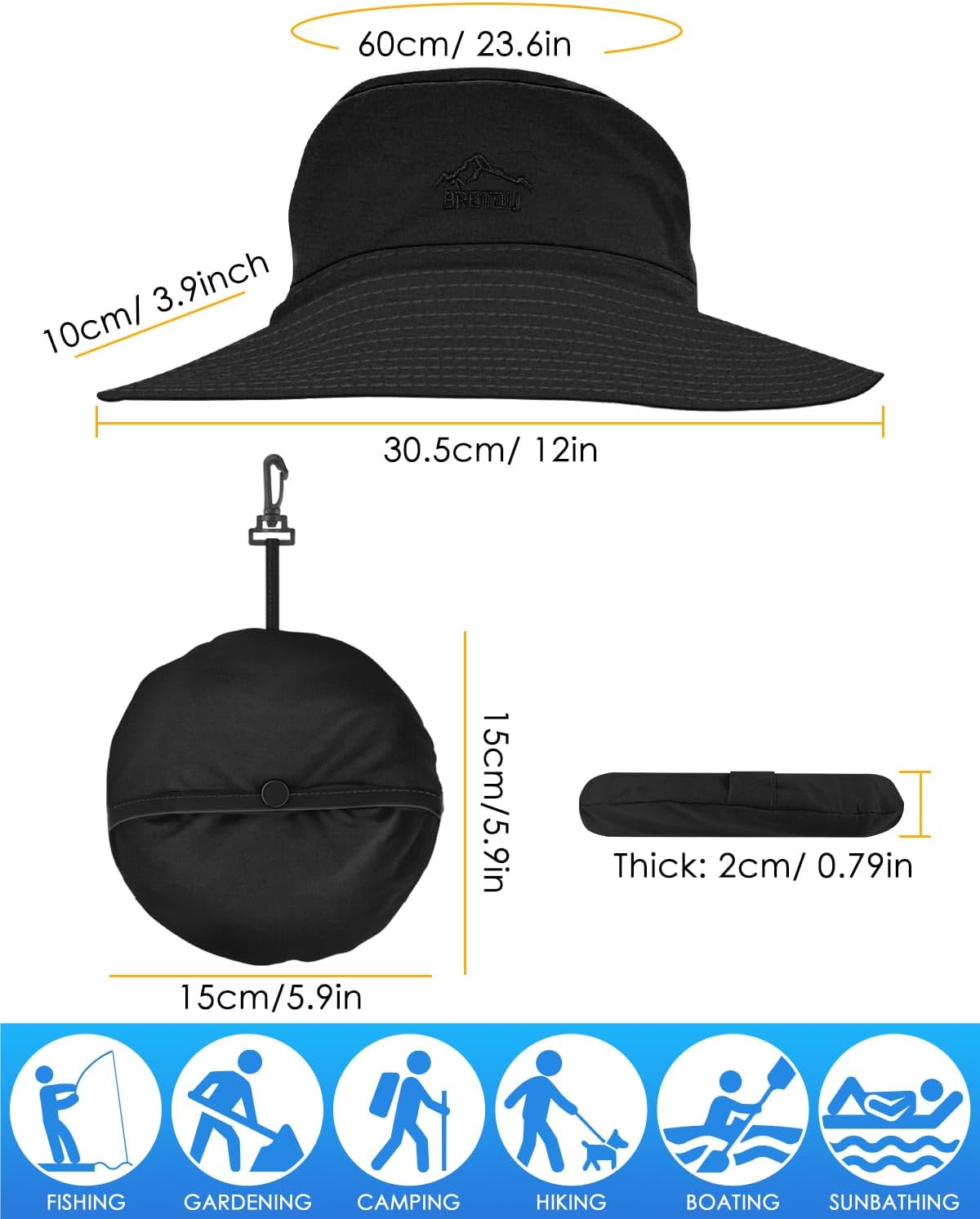 BROTOU Foldable Bucket Hats for Women/Men, UPF 50+ Wide Brim Sun Hat, Waterproof Fishing Cap with UV Protection