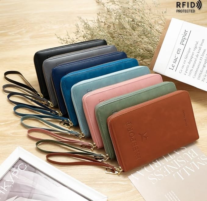 S-11 RFID Blocking Passport Holder Travel Wallet, Slim Zipper Card Case with ID Window, Boarding Pass Slot & Credit Card Organizer for Men and Women. (Brown)