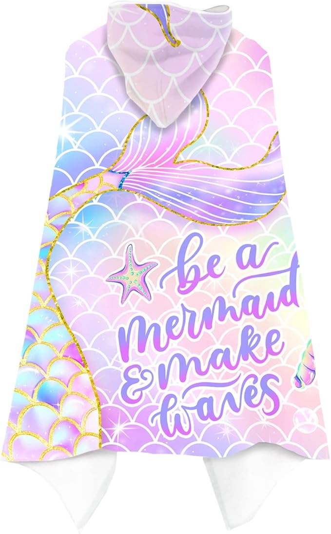 Bonsai Tree Mermaid Beach Towel, Mermaid Tail Towel for Girls with Hood, Kids Bath Hooded Poncho 30" x 50", Pink Scales Microfiber Absorbent Soft Bath Poncho Bathrobe for Swin Pool