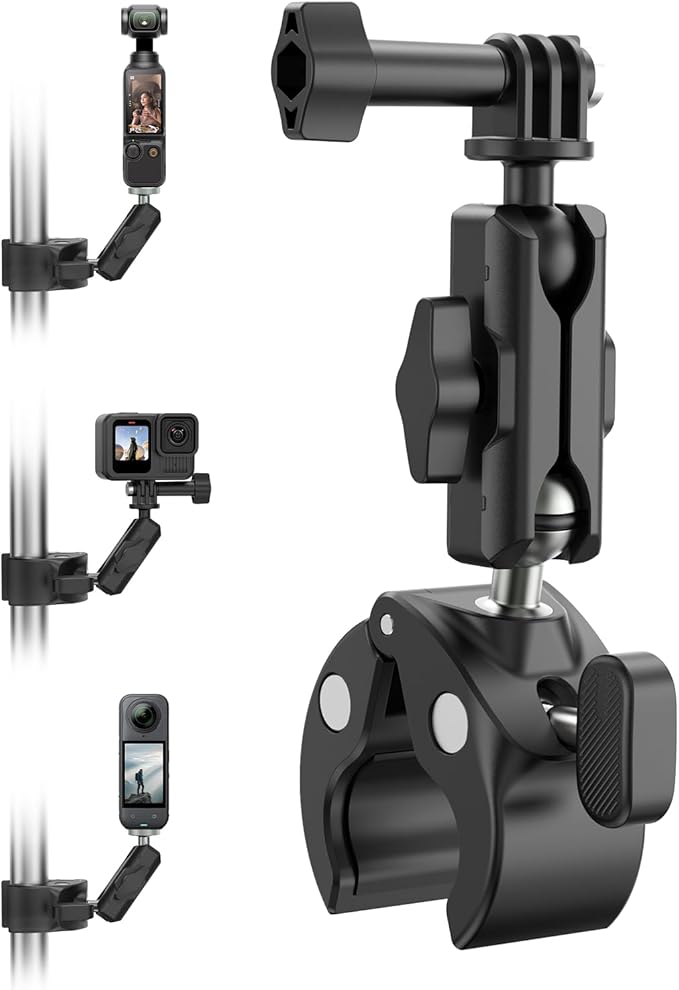 TELESIN Camera Clamp Mount Bike Motorcycle Handlebar Mounts Accessories, 360 Ball Joint Tube Roll Bar Holder Clip for DJI Osmo Action 6/Osmo Nano/Action 5 4 Pro/Hero 13 12 11 10 9 8 7/Insta 360 X5 X4