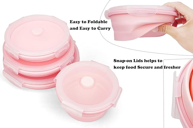 Collapsible Dog Bowls with Lids, 2 Pack Portable Travel Dog Bowls for Small Medium Large Dogs, Silicone Foldable Outdoor Dog Cat Food Water Bowls for Camping Hiking Road Trip, Pink 17 oz