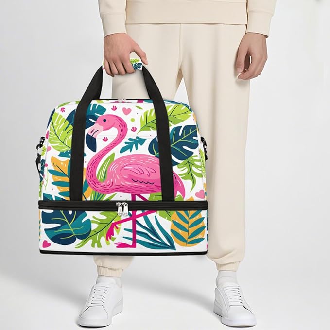 Pink Flamingo Tropical Leaves Large Weekender Bag with Shoe Compartment Travel Duffel Bags for Women Carry On Hospital Overnight Bag Foldable Personal Item Travel Bags Tote Gym Sports Airplanes