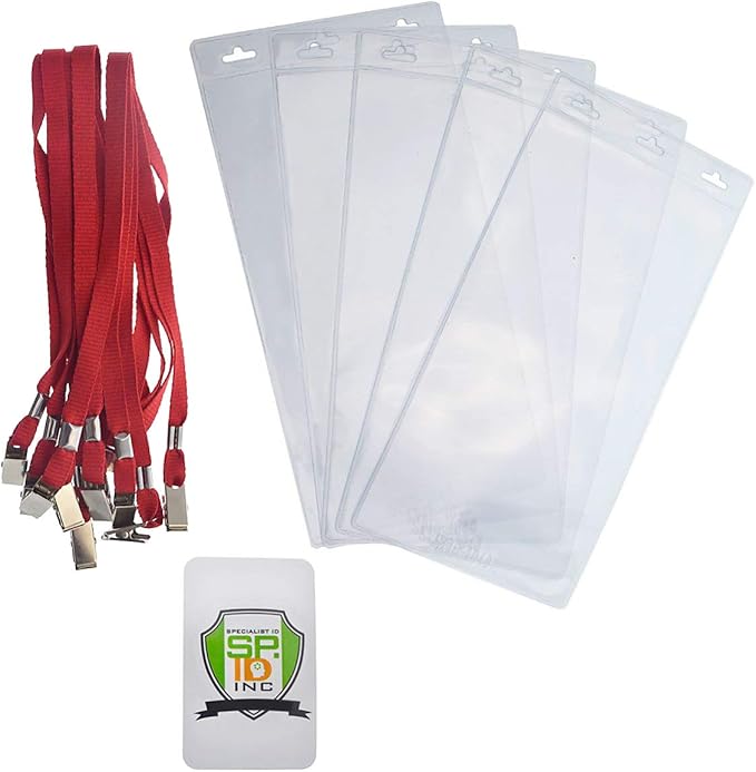 5 Pack - Extra Large 4 x 8 Inch Ticket & Event Credential Badge Holders with No Twist Double Sided Lanyards with Two Bulldog Clips, by Specialist ID (Red)