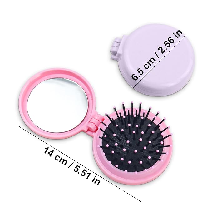 6 Colors Foldable Mirror Hairbrush, 2 in 1 Compact Pocket Mirror Comb in Bulk, with DIY Stickers, Travel Mini Hairbrush Makeup Mirror for Women Girls (12-PACK)
