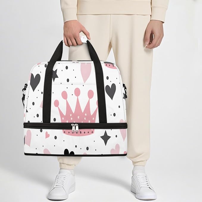Pink Heart Star Crown Large Weekender Bag with Shoe Compartment Travel Duffel Bags for Women Carry On Hospital Overnight Bag Foldable Personal Item Travel Bags Tote Gym Sports Airplanes