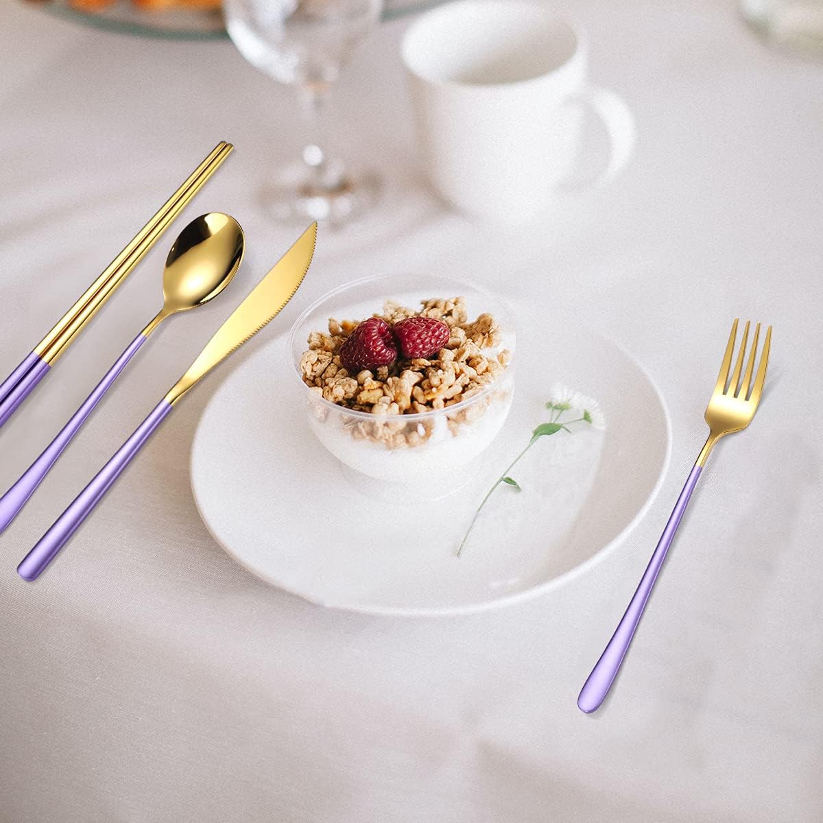 AARAINBOW 6 Pieces 18/8 Stainless Steel Flatware Set Portable Reusable Cutlery Set Travel Utensils Set Including Chopsticks Knife Fork Spoon Straws Cleaning Brush Dishwasher Safe (Purple golden)