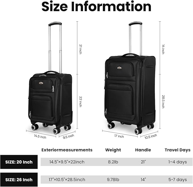 Softside Luggage Sets 2 Piece,Expandable15% Lightweight Durable Suitcase Sets Double Spinner Wheels w/Combination LOCK (Black,20in/26in)