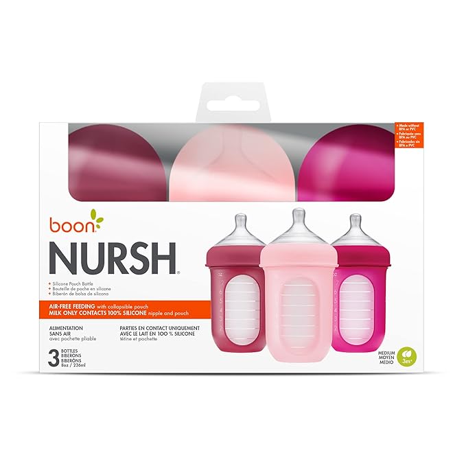 Boon Nursh Bottles - Silicone Baby Bottles Help Ease Colic Symptoms - Reusable Food-Grade Silicone Pouches with Polypropylene Shell - Medium Flow - 8 Oz - Pink