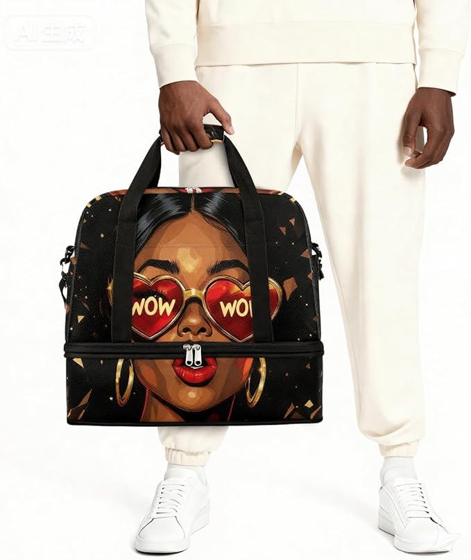 Foldable Travel Duffel Bag for Women - Carry on Personal Item Bag with Shoes Compartment, Weekender Overnight Duffle Bags Sport Tote Gym Luggage for Airplanes(Black Women Wow)