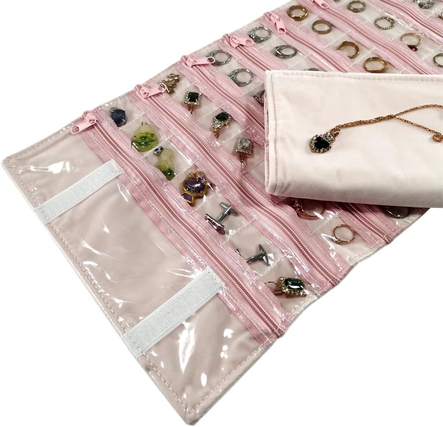 Travel Jewelry Roll Bag Portable Organizer Pouch With Grids&PVC Cover Storage Bags for Necklace, Bracelet, Bracelet,Ring, Badge, Pendant