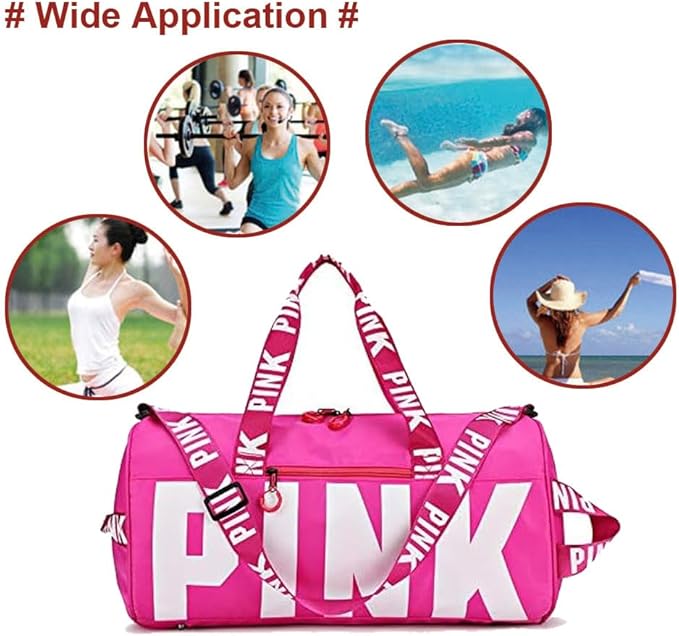 Sports Gym Bag Large Capacity Travel Duffel Bag Sport Shoes Bag with Wet Pocket Compartment for Men and Women Lightweight Multiple Colors PINK Logo (RED)