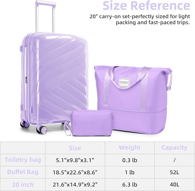 Carry On Luggage 22x14x9 Airline Approved, 20 Inch Expandable Hardshell Luggage Carry-on Suitcases with Spinner Wheels, Carry On Suitcase Set for Women (LAVENDER)