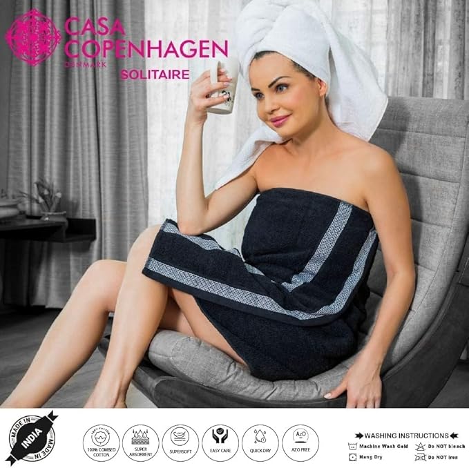 CASA COPENHAGEN Solitaire 6Pcs 100% Egyptian Cotton Large Designer Towels Gift Set- White-Jet Black, 600GSM, 2Bath 2Hand 2Washcloths, Bath Towels for Bathroom Set for Women & Men