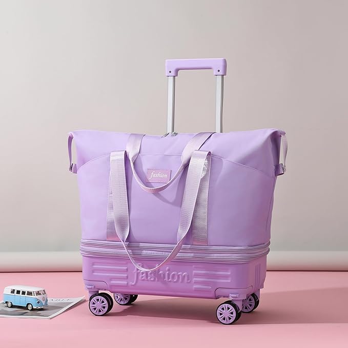 Rolling Duffle Bag with Wheels and Handle, Expandable Foldable Travel Bag with Wheels, Carry On Rolling Duffle Bag Collapsible for Weekend Trip, Gym, Hockey, Large Capacity & Waterproof (Pink)