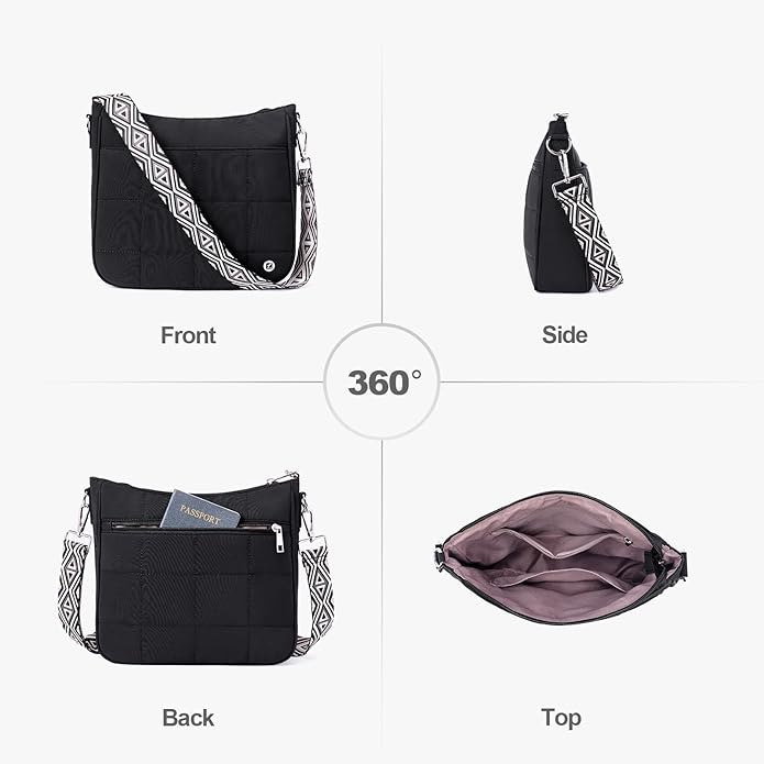 Anti Theft Crossbody Bags for Women,Quilted Puffer Travel Purses Shoulder Hobo Bag Handbag with Guitar Strap