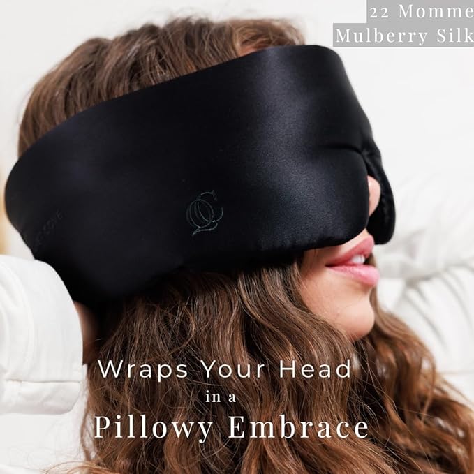 QUIET COVE Plush 3D Contoured Silk Sleep Mask - Total Blackout, 100% Silk 22 Momme, Foam Eye Cups Do Not Crush Eyelashes, Luxe Cloud Filling for Side Sleeping Comfort (Black) with Luxury Gift Box