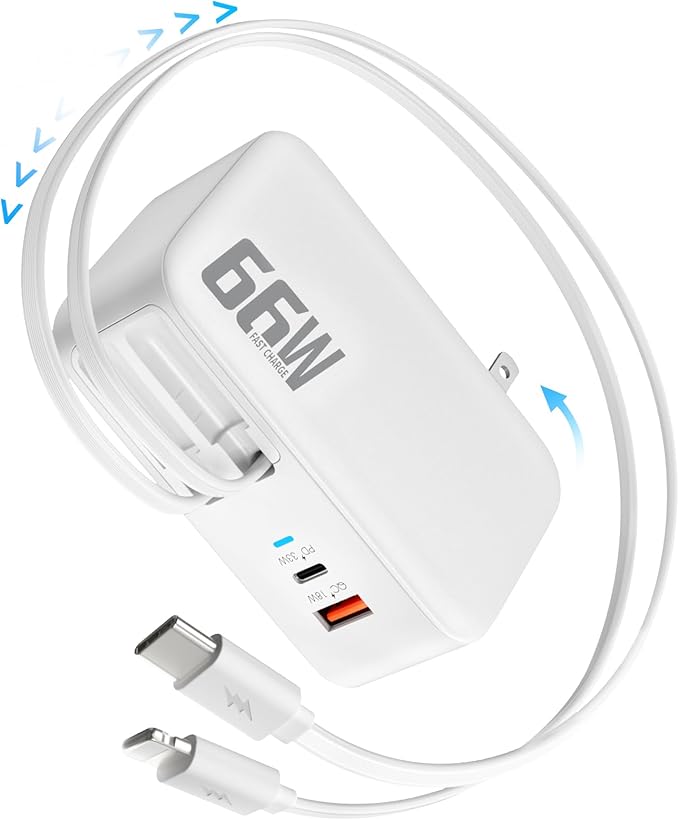 66W 4 in 1 Retractable Wall Charger,USB Type C Fast Charger for iPhone 17 Travel Charger for Multiple Devices,Fast Charging Block for Mac Book Pro/Air,M1 M2 M3 M4 M5, iPad Pro,Galaxy,Pixel