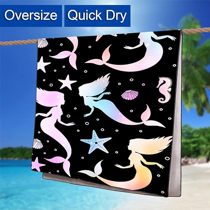 Mermaid Silhouette Beach Towel 36"x72" Quick-Dry Soft Microfiber with Starfish Seahorse Pattern Black Background