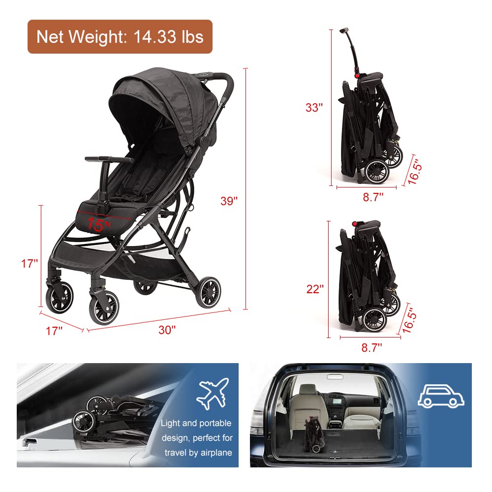 COOL KIDS Portable Stroller with Automatic Fold,Lightweight Umbrella Stroller with Pop Out Sun Canopy,Compact Strollers for Travel(Black)