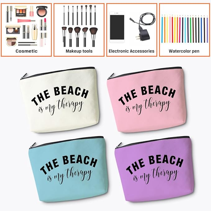 4PCS Beach Vacation Essentials Makeup Bag, Cute Cosmetic Bags for Women, Beach Accessories Travel Toiletry Bag Girls Trip Girls Weekend Gifts for Women Summer Vacation Christmas Birthday