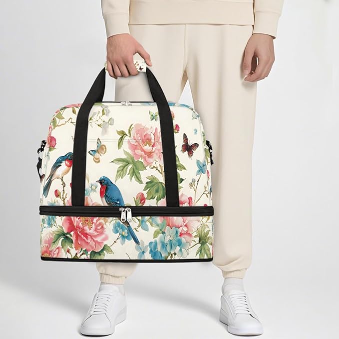 Pink Flower Bird Butterfly Large Weekender Bag with Shoe Compartment Travel Duffel Bags for Women Carry On Hospital Overnight Bag Foldable Personal Item Travel Bags Tote Gym Sports Airplanes