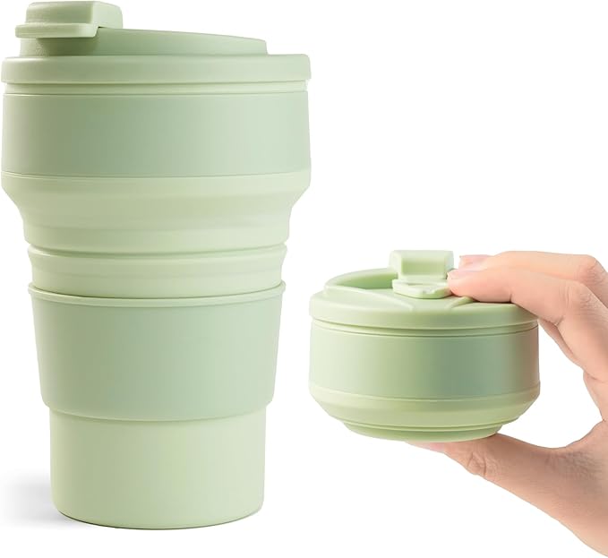 2Pcs Collapsible Cup for Traveling, Collapsible Silicone Travel Cup for Hot and 2 Drinks, Leak Proof Silicone Folding Travel Coffee Mug for Camping & Hiking, BPA Free 12oz Green