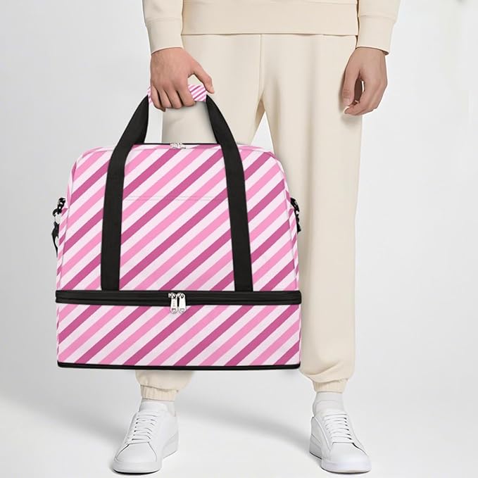 Pink Diagonal Stripes Large Weekender Bag with Shoe Compartment Travel Duffel Bags for Women Carry On Hospital Overnight Bag Foldable Personal Item Travel Bags Tote Gym Sports Airplanes