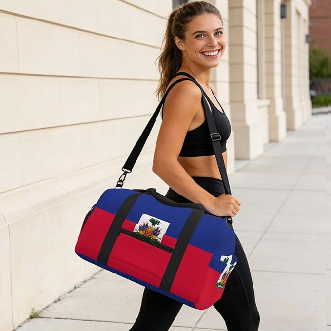 Haitian flag Print Gym Bag with Shoe Compartment for Women Men, 17.7in Sports Duffle Weekender Tote, Overnight Travel Duffel Bag Carry On