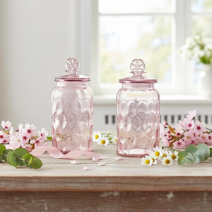 10 Strawberry Street Textured Glass Flower Canister, Dimpled Round, Pink, Set of 2