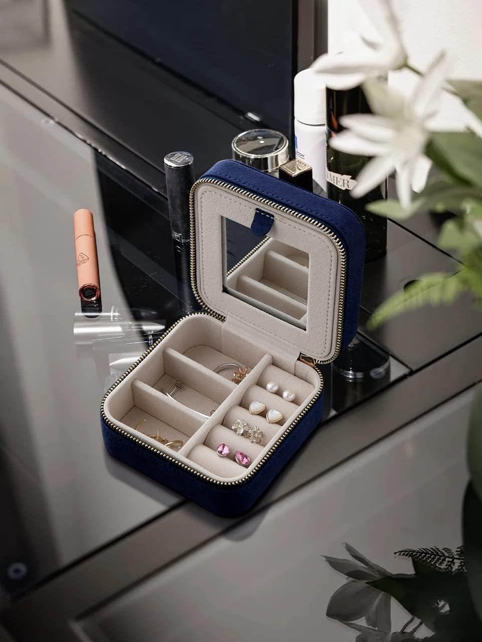 S.Leaf Travel Jewelry Organizer Travel Jewelry Boxes for Women Small Jewelry Travel Case Box Portable Travel Jewelry Case Travel Case Mini Jewelry (06_Suede_Touch_Navy)